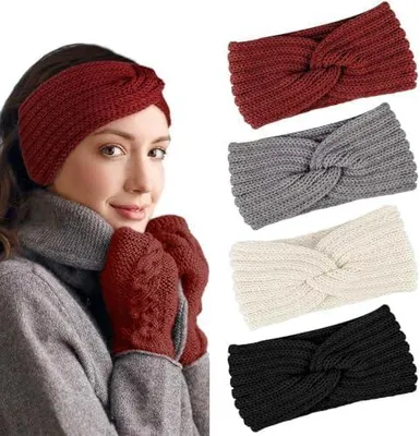 Produktbild von Damen-Stirnband für den Winter, 4 gestrickte Stirnbänder als Ohrenwärmer, wärmende und elastische Haarbänder für Frauen und Mädchen