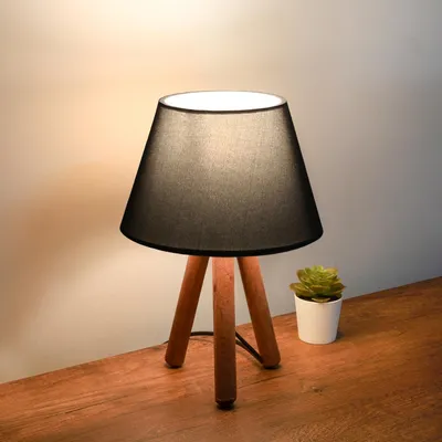 Produktbild von Opviq, Hochwertige Tischlampe aus 100% Holz, Anthrazit, 30 cm hoch | Stoffschirm 22 x 14 cm | 150 cm Kabel | E27 Fassung, max. 40 W | Skandinavisches Design, elegant und modern.