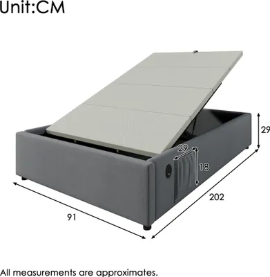 Immagine prodotto di okwish Letto imbottito, letto singolo 90×200 cm con porta USB-C e rete piana, letto a scomparsa idraulico con contenitore sotto il letto (con materasso) - Grigio