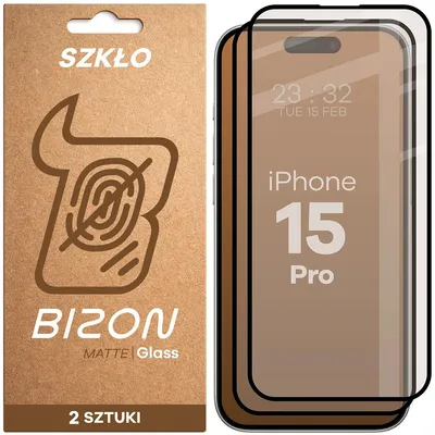 Produktbild von Mattes Hartglas für iPhone 15 Pro, Bizon Glass Matte Duo, Schwarzer Rahmen, 2 Stück