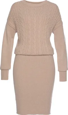 Produktbild von LASCANA Strickkleid mit Zopfmuster im Oberteil vorn und langen Ärmeln, figurbetont beige Größe 44