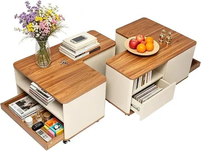 Imagen del producto de Mesa de centro con espacio de almacenamiento, cajones, mesa de madera cuadrada para sala de estar, juego de 2 mesas auxiliares, mesa auxiliar moderna con ruedas, compartimento abierto, diseño en forma de L, ideal para sala de estar o dormitorio