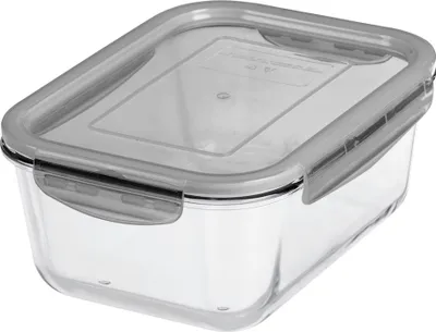 A clear, studio shot of a rectangular glass food storage container with a gray lid.