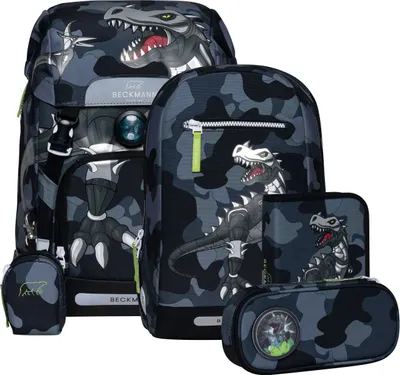 A collection of school bags and accessories with a dinosaur camouflage print.