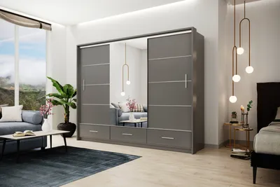 Produktbild von Modern Sideboard Kleiderschrank mit LED Beleuchtung MARSYLIA 250 cm, Schiebtürenschrank aus Holz, Garderoben organizermit Schubladen (Grau)