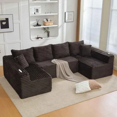 Produktbild von U-förmiges Cord-Sofa, 6-Sitzer, mit Getränkehaltern & Seitentaschen, Federkern, ergonomisch, 4 Rückenkissen, 2 Zierkissen, Wohnzimmer, Brown