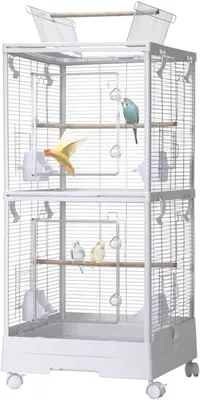 Produktbild von Groß Vogelvoliere 100x46x46cm, 2 Etagen Abnehmbar Vogelkäfig, Rollen Vogelkäfig Metall Vogelvoliere mit Abnehmbarem Tablett, Futtertrögen, Leicht zu Reinigendem Außenvoliere Zuchtkäfig, Weiß