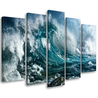 Image de Tableau en toile 5 pièces « Vagues de mer » 100 x 70 cm Feeby noir Tableau mural prêt à accrocher