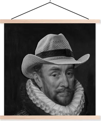 Produktbild von MuchoWow® Textilposter Porträt von Wilhelm I. - Adriaen Thomasz - Schwarz und Weiß 40x40 cm mit holzfarbenen Rahmen - Posterleiste
