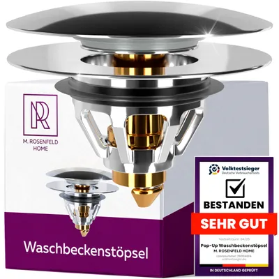 Produktbild von M. ROSENFELD HOME Waschbeckenstöpsel mit sieb - Pop-Up Abflussstopfen Universal Chrom mit breitem Deckel