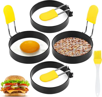 Produktbild von Spiegeleivorm für Bratpfanne - 4 Stück - Pfannkuchenform - runde Spiegelei-Form - rostfreies Stahl - antihaft - Pfannkuchenform mit Klappgriffen und Öl-Pinsel