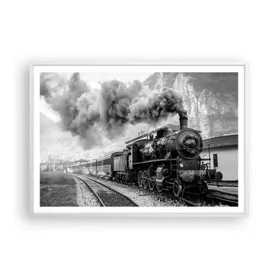 Produktbild von Gerahmtes Poster - Weißer Rahmen - Zug Schwarzweiß Rauch - 100x70 cm - Wand Bild - Wanddeko - Wandbilder - Kunstposter - Wandposter - Bilderrahmen - Bilder - Kunstdruck - Wandbild - P2WAA100x70-4315