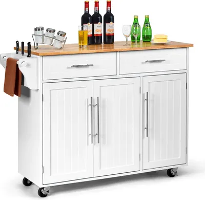A white kitchen cart with a wooden countertop, displaying bottles of wine, glasses, and spice shakers.