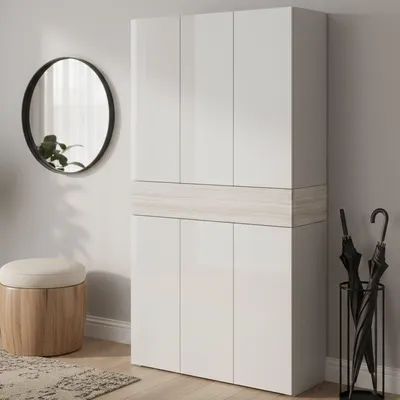 Produktbild von Schuhregal Dcancellier, platzsparendes schuhregal mit 7 türen, multifunktionale eingangsgarderobe, 114 x 38 x 200 cm, weißer lärcheneffekt