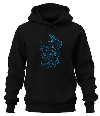 Produktbild von Japanischer Drache Neon Blau Katakana ドラゴン Cyberpunk Hoodie Kapuzenpullover, Schwarz, L
