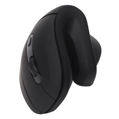 A black vertical ergonomic mouse is shown against a white background.