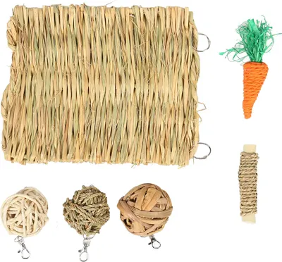 Produktbild von Hamster-Kauspielzeug-Set, lindert Langeweile, Zähneknirschen, Kaninchen-Grasmatte, Ball-Kauen für Meerschweinchen, Papageien