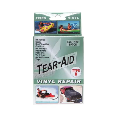 A product package for vinyl repair patches, showing various applications and the product itself.