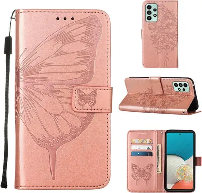 Produktbild von Galaxy A73 5G Hülle, Schmetterling Prägung Flip Leder Kartenfächer Schutzhülle Ledertasche mit Ständer für Samsung Galaxy A73 5G Roségold