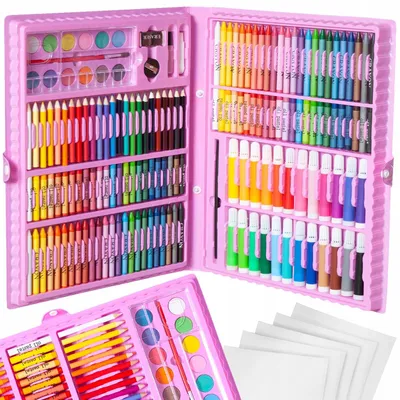 A pink art supply case filled with various art supplies like crayons, markers, and watercolors.