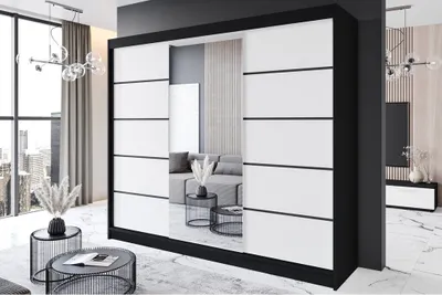 Produktbild von Easy4You R6 250 cm Schwarz/Weiß Schiebetüren Kleiderschrank 250x215x58 cm mit Spiegel - Schlafzimmermöbel, Aufbewahrung - Mehrzweckschrank