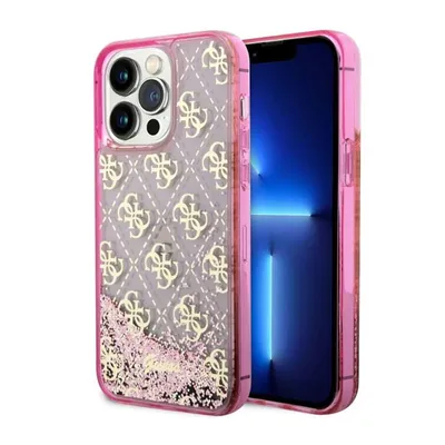 A pink iPhone 14 Pro Max with a clear case featuring a gold Guess logo pattern and glitter. The phone screen is visible and displays a blue interface.
