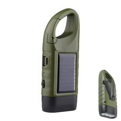 Produktbild von LED Taschenlampe mit Kurbel und Solarpanel, USB wiederaufladbar, Mini Notfalllampe mit Karabiner für Outdoor, Camping und Stromausfall