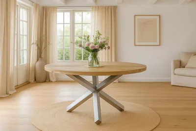 Produktbild von Refurbished Möbelretoure Esstisch rund Ø 130 cm Mangoholz natur massiv Sternfuß-Gestell silber RUNIS