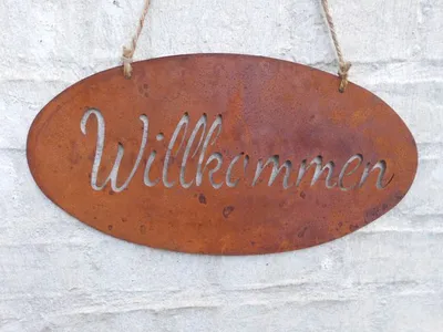 Produktbild von Eisenschild Hängeschild Willkommen 38 x 20 cm Echtrost an Kordel