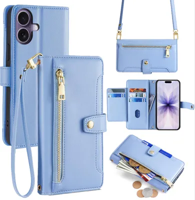 A collage of a light blue phone case with a wallet and strap.