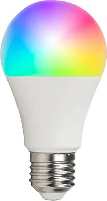 A smart LED light bulb with a white base and a multicolored illuminated top.