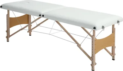 Image de Table de massage - Table de massage pliable - Portable - Structure en bois - Réglable en hauteur de 58 à 81 cm - 186 x 60 cm - Avec appui-tête - Ivoire