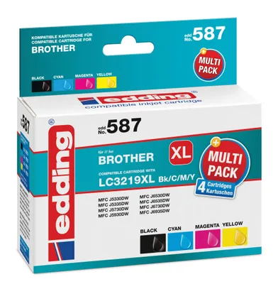 Produktbild von Edding EDD-587, Hohe (XL-) Ausbeute, Schwarz, Cyan, Magenta, Gelb, 68 ml, 17 ml, 4 Stück(e), Multipack