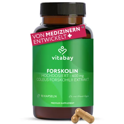 Produktbild von Vitabay Forskolin 400 mg - 90 vegane Kapseln - Coleus-forskohlii-Extrakt - Vegan - Vorrat für 3 Monate
