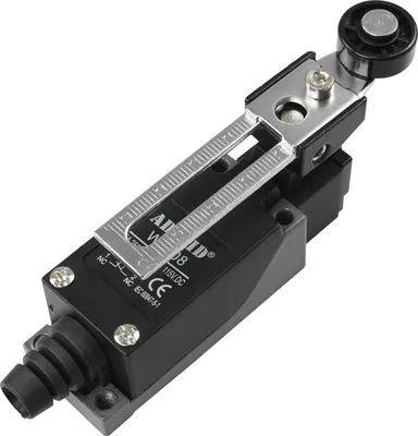 A product shot of an industrial limit switch with a roller actuator.