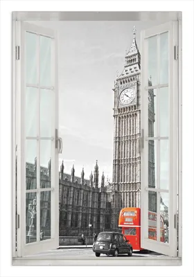 Produktbild von Wallario Wandbild mit Fenster-Illusion: London Red Bus, Größe: 61 x 91,5 cm, Poster mit rahmenlosen Bildhalter