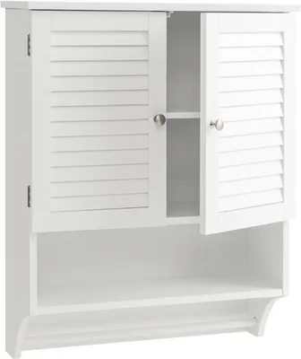 Produktbild von GOPLUS Hängeschrank, Wandschrank mit Verstellbarer Ablage, offenem Regal, Badschrank mit Handtuchhalter, Badezimmerschrank mit Lamellentür (Weiß)