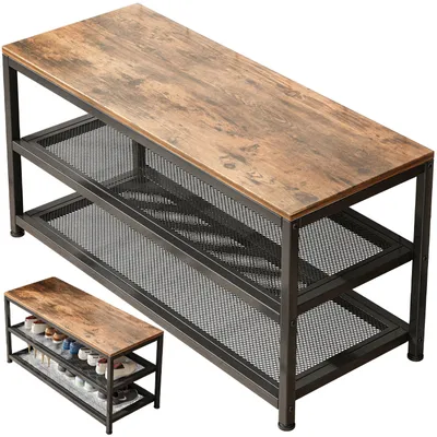 A shoe rack with a wooden top and metal mesh shelves, shown from a slightly elevated angle.