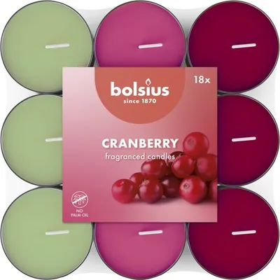 Produktbild von Bolsius - 18 Duft theelichter - Granatapfel - Brenndauer von 3,5 Stunden - Durchmesser 38 mm – Natürliche Extrakte – Enthält Veganes Wachs – Ohne Palmöl, Cranberry