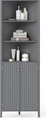 A gray corner cabinet with two doors and open shelves displaying bathroom or cosmetic items.