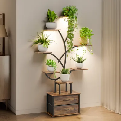Produktbild von Mondeer Pflanzenregal 160cm, mit LED-Lampe, 9 Etagen & 2 Schubladen, Schwarz-Braun