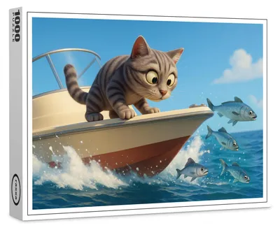 Produktbild von raxxa Premium-Puzzle "Katze an Bord eines Bootes beobachtet Fische", 1000 Teile
