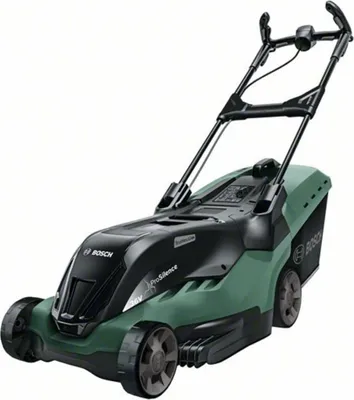 A Bosch lawnmower is shown against a white background.