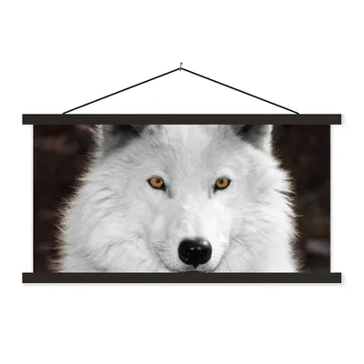 Produktbild von MuchoWow® Textilposter Wolf - Weiß - Porträt 90x45 cm mit schwarzem Rahmen - Klemmleisten