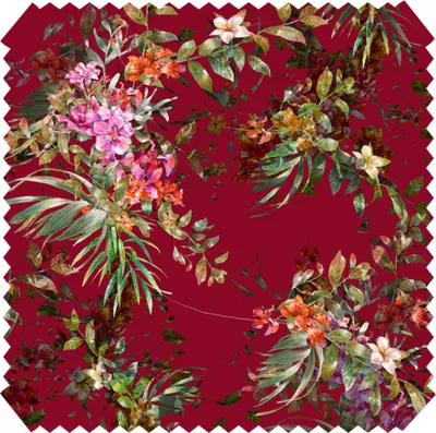 Produktbild von novely® PAPAYA Velours mit Palmen und Blumen - Samtiger Möbelstoff - Robuster Polsterstoff - Pflegeleichte Meterware 1lfm - Farbe: 02 Rosarot Beere
