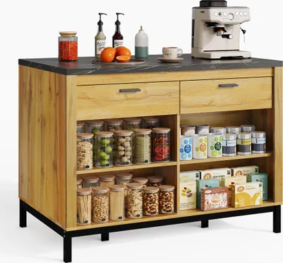 Immagine prodotto di Sweiko 120×75×90 cm, isola da cucina in stile country - isola da cucina con 2 cassetti e 4 ripiani a giorno, venature del legno di quercia, piano di lavoro in marmo nero, struttura in metallo, schienale con zona bar