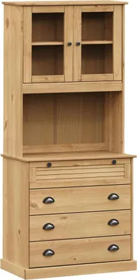 A wooden highboard with glass-doored cabinets on top and drawers below, presented against a white background.