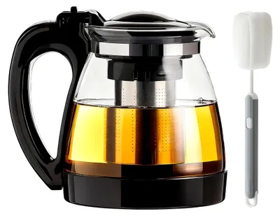 Produktbild von Teekanne aus Glas 2 Liter, hitzebeständig mit Edelstahl-Siebeinsatz und Reinigungsbürste - Für losen Tee, Grüntee und Kräutertee