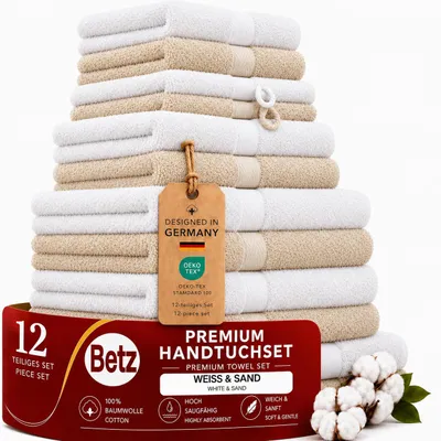 Produktbild von Betz Premium Handtuch-Set 12-teilig – 100% Baumwolle – ®  – hohe Grammatur – Duschtücher, Handtücher, Gästetücher,WH - weiss/sand, KI-generiertes Bild