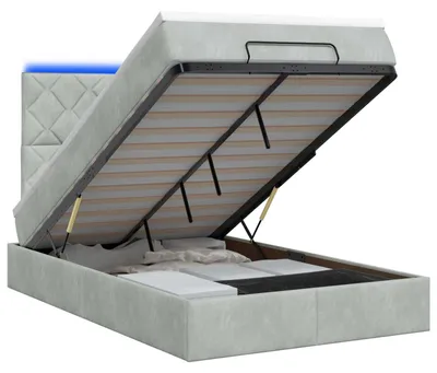 Image de Banc coffre avec matelas et éclairage LED, gris clair, 120 x 200 cm, revêtement en velours